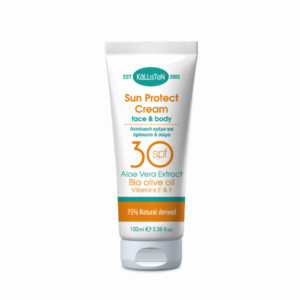 Sun protect from UV rays cream for face and body with SPF 30. It contains Cretan Organic (Bio) Olive Oil for nourishment and hydration of the skin. The high content of aloe vera combined with vitamins E & F, sooth, protect and moisture the sun-exposed skin.