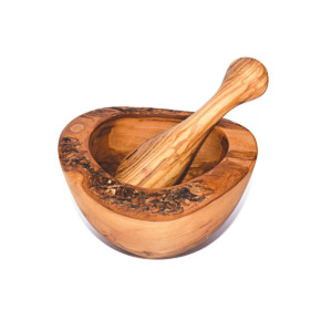 RUSTIC MORTAR & PESTLE MADE BY CRETAN OLIVE WOOD. Made by hand, olive wood mortars are ideal for crushing herbs and spices. Their hard surface can sustain the force of grinding and mashing. Smooth and nonporous, the wood will not absorb or trap any of the substance being ground. The natural pattern makes mortars great accessories to display in your kitchen. Hardened by decades of Mediterranean heat, olive wood is extremely resilient. It does not retain odors and germs. Wash only with hands using warm water and soap. Wipe with olive oil to restore the original luster.