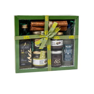 Gift set with 60ml of Physis of Crete extra virgin olive oil 4x40gr dips ,Ouzo 50ml and 70gr cinnamon sticks