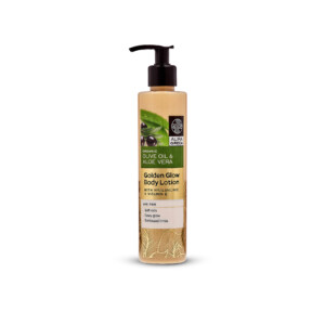 Golden Glow Shimmering Body Lotion. Enriched with aloe vera, olive oil, and hyaluronic acid, this lotion soothes and hydrates while fine shimmer particles add a delicate sparkle.