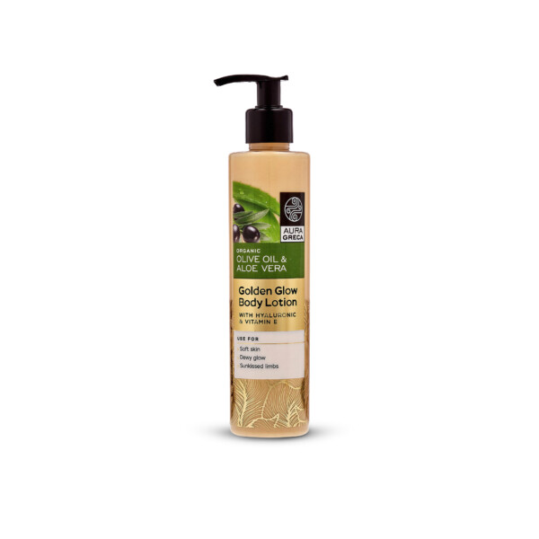 Golden Glow Shimmering Body Lotion. Enriched with aloe vera, olive oil, and hyaluronic acid, this lotion soothes and hydrates while fine shimmer particles add a delicate sparkle.